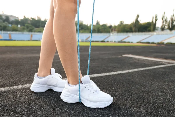 Sporty Young Woman Training Skipping Rope Stadium — Stock Photo, Image