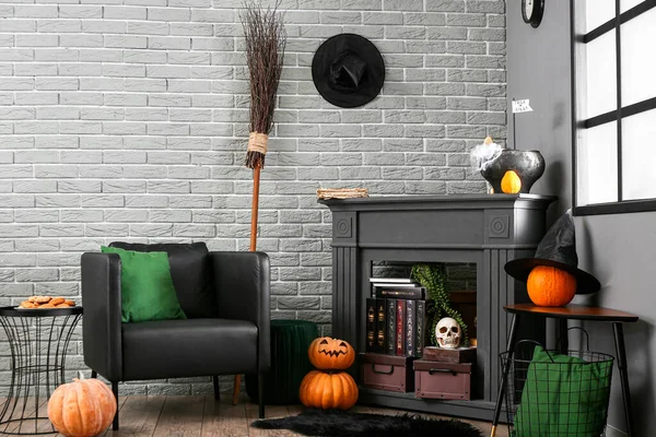 Intérieur Chambre Sombre Élégante Décorée Pour Halloween — Photo