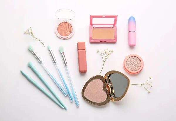 Set Decorative Cosmetics Makeup Brushes White Background — Stock Photo, Image