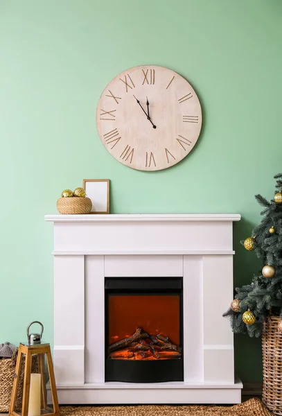 Interior Room Fireplace Clock Decorated Christmas — Stock Photo, Image