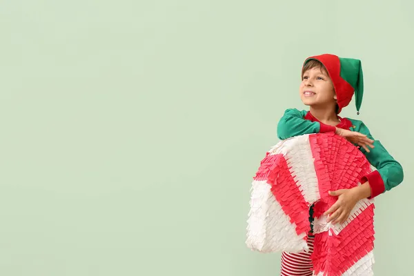 Cute Little Boy Dressed Elf Candy Cane Pinata Color Background — Stock Photo, Image