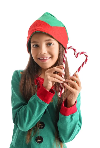 Cute Little Elf Candy Canes White Background — Stock Photo, Image