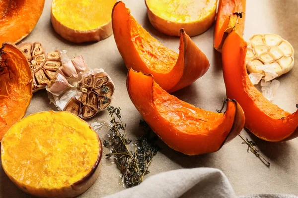 Baked Pumpkin Pieces Parchment Paper — Stock Photo, Image