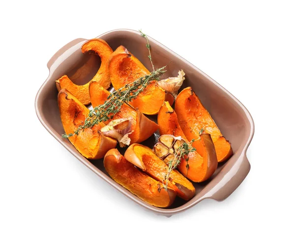 Dish Baked Pumpkin Pieces White Background — Stock Photo, Image