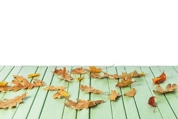 Beautiful Autumn Leaves Wooden Table White Background — Stock Photo, Image