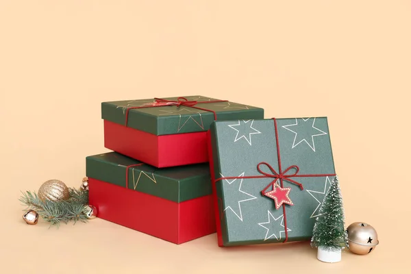 Christmas Gift Boxes Decor Beige Background — Stock Photo, Image