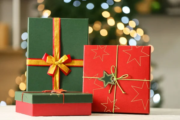 Christmas Gift Boxes Table Blurred Background — Stock Photo, Image