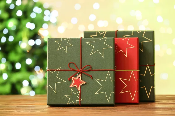 Christmas Gift Boxes Table Blurred Background — Stock Photo, Image