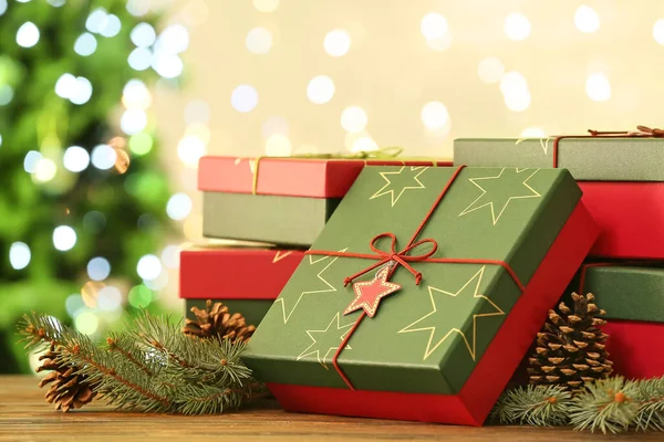 Caixas Presente Natal Mesa Contra Fundo Desfocado — Fotografia de Stock