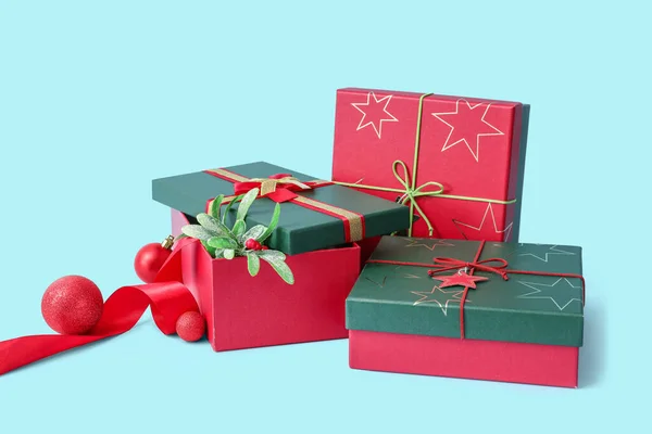 Gift Boxes Christmas Decor Color Background — Stock Photo, Image