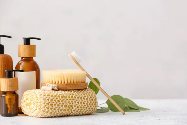 Bath Sponge Massage Brush Bottles Cosmetic Products Toothbrush Table Light — Stock Photo, Image