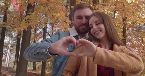 Feliz Joven Pareja Haciendo Corazón Con Sus Manos Parque Otoño — Vídeo de stock
