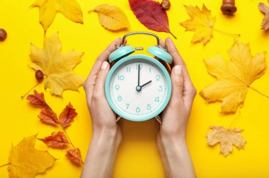 Alarmlı kadın elleri ve sonbahar yaprakları renk arkaplanında