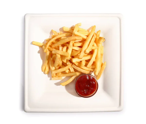 白底法式薯条和番茄酱盘 — 图库照片