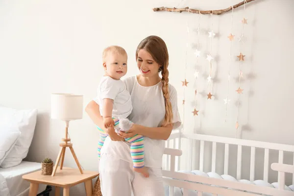 Young Mother Holding Her Cute Little Baby Crib Bedroom — Stock Photo, Image