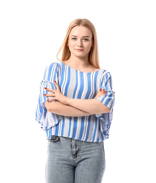 Young Blonde Woman Striped Blouse White Background — Stock Photo, Image