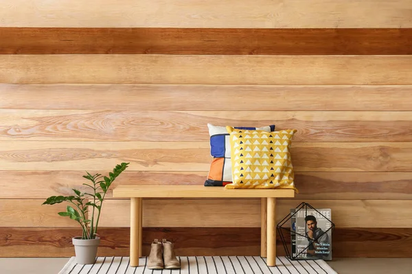 Interior Modern Hallway Wooden Bench Houseplant — Stock Photo, Image