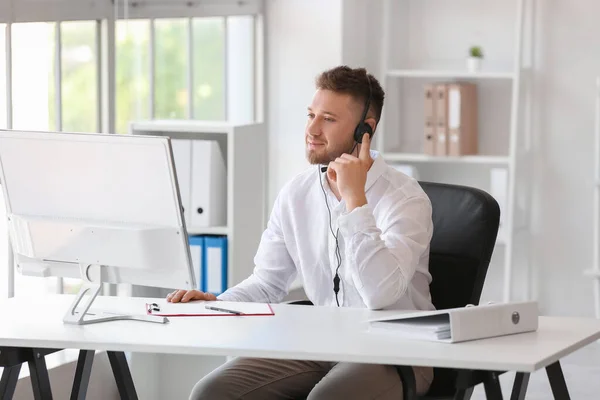 Handsome Consultant Call Center Working Table Office — Stock Photo, Image