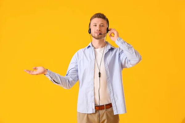 Handsome Consultant Call Center Headset Yellow Background — Stock Photo, Image