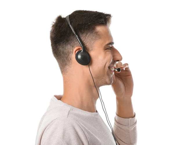 白色背景耳机呼叫中心的男性顾问 — 图库照片