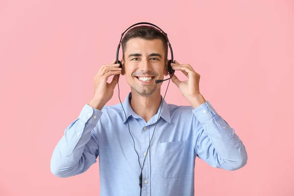 Male Consultant Call Center Headset Pink Background — Stock Photo, Image