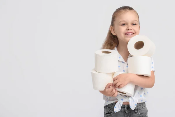 Little Girl Many Rolls Toilet Paper Light Background — Stock Photo, Image