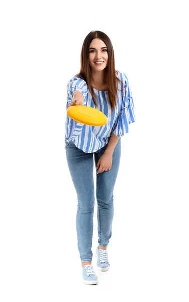 Mooie Jonge Vrouw Met Frisbee Schijf Witte Achtergrond — Stockfoto