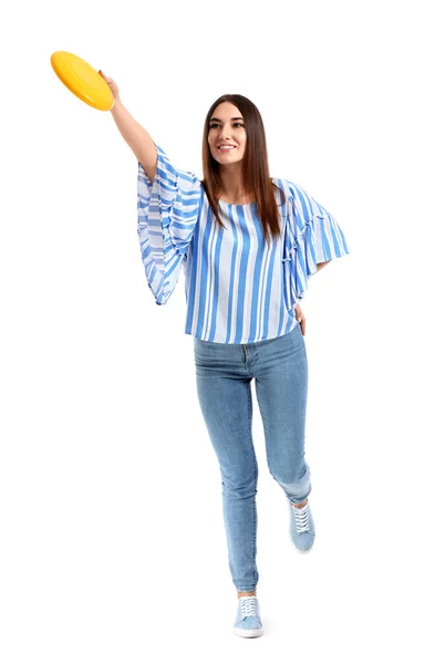 Mooie Jonge Vrouw Met Frisbee Schijf Witte Achtergrond — Stockfoto