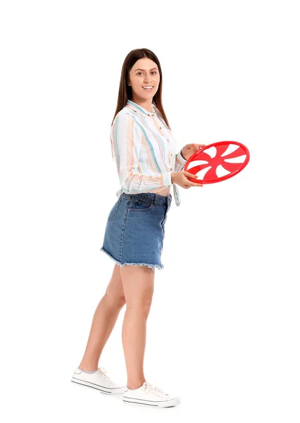 Belle Jeune Femme Avec Disque Frisbee Sur Fond Blanc — Photo