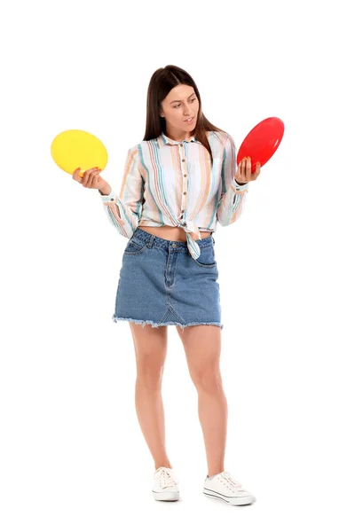 Mulher Bonita Com Discos Frisbee Fundo Branco — Fotografia de Stock