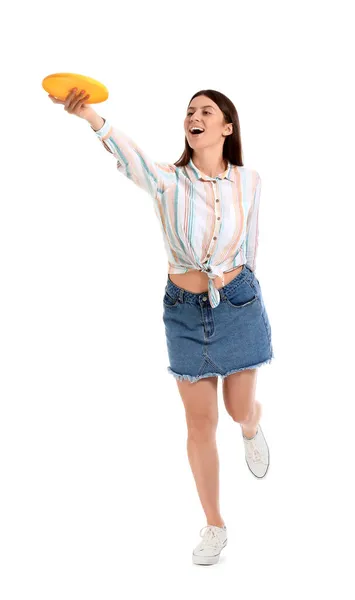 Mulher Bonita Com Disco Frisbee Fundo Branco — Fotografia de Stock