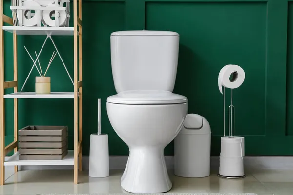 Inredning Toalett Med Toalett Skål Hyllenhet Och Grön Vägg — Stockfoto