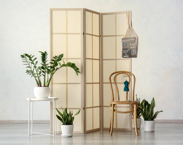 Stylish folding screen with houseplants in room interior