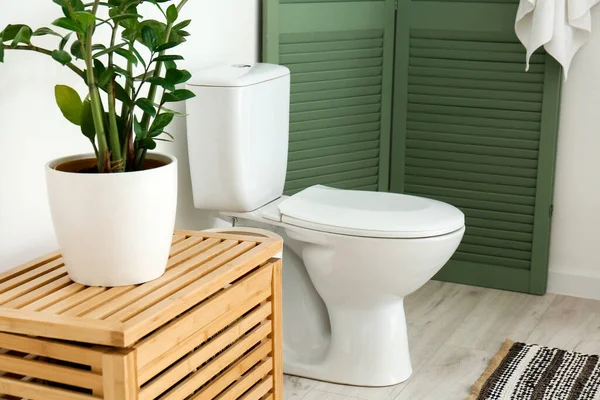 Rumah Tangga Dan Toilet Mangkuk Dekat Dinding Putih Kamar Kecil — Stok Foto