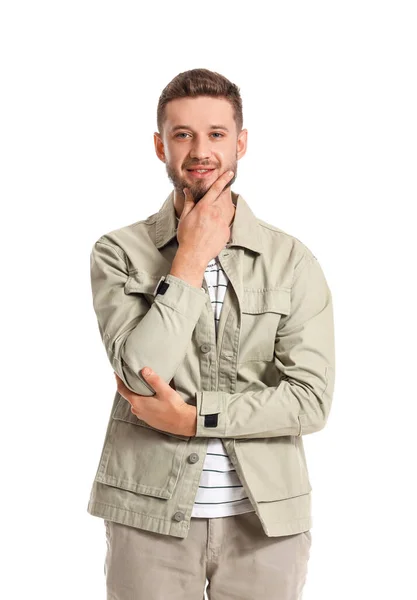 Joven Reflexivo Chaqueta Elegante Sobre Fondo Blanco — Foto de Stock