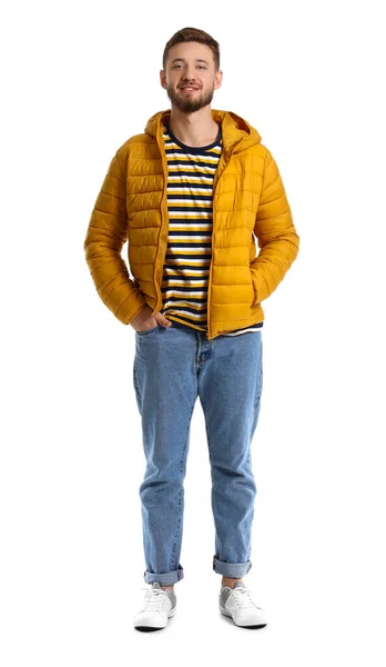Stilvoller Junger Mann Gelber Jacke Auf Weißem Hintergrund — Stockfoto