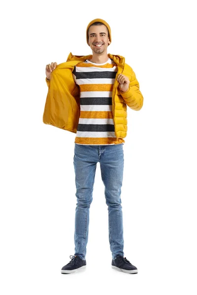 Красивий Молодий Чоловік Жовтому Капелюсі Піджак Білому Тлі — стокове фото