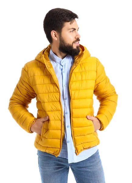 Hombre Guapo Chaqueta Color Amarillo Brillante Sobre Fondo Blanco — Foto de Stock