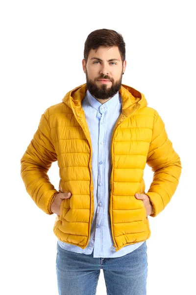 白い背景に黄色のジャケットのハンサムな男 — ストック写真