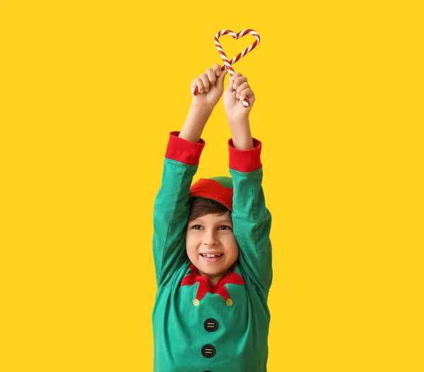 Cute Little Elf Candy Canes Color Background — Stock Photo, Image