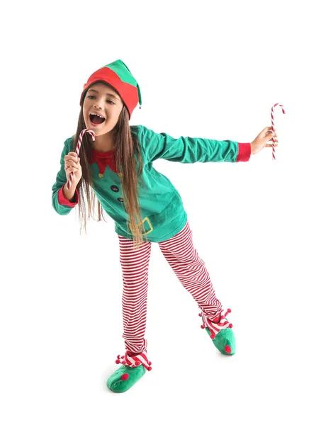 Cute Little Elf Candy Canes White Background — Stock Photo, Image