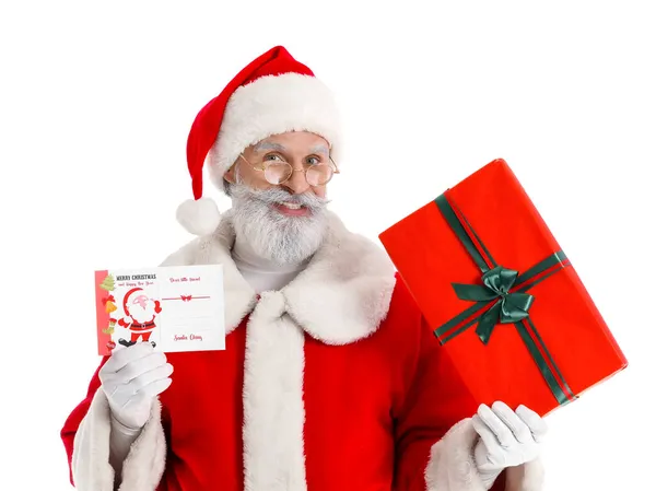 Санта Клаус Открыткой Подарком Белом Фоне — стоковое фото