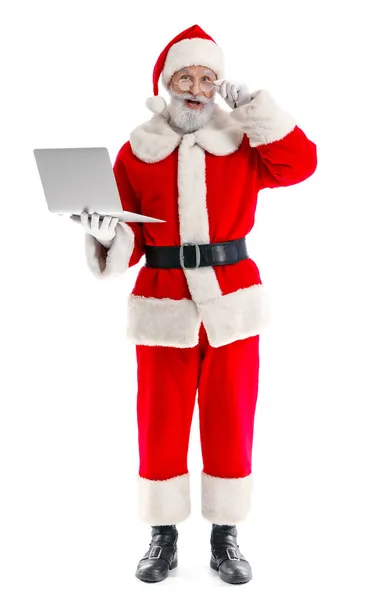 Surprised Santa Claus Modern Laptop White Background — Stock Photo, Image