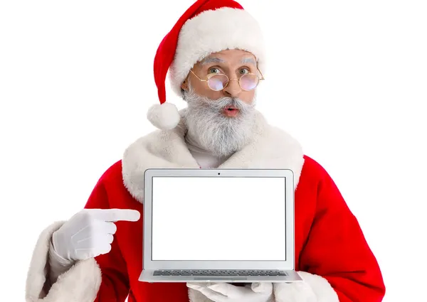 Santa Claus Modern Laptop White Background — Stock Photo, Image