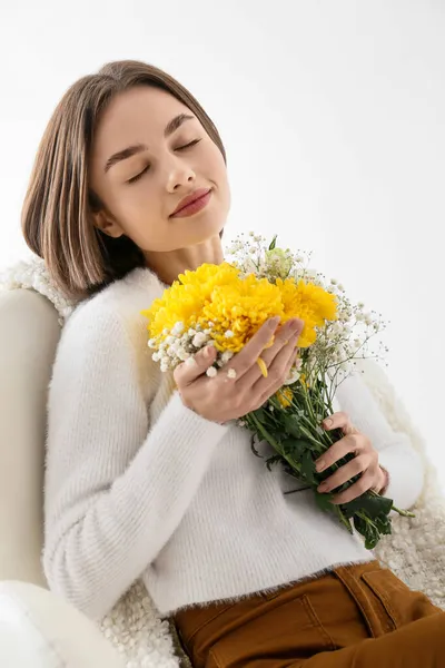 Beautiful Young Woman Bouquet Flowers Sitting Armchair White Background — Stock Photo, Image