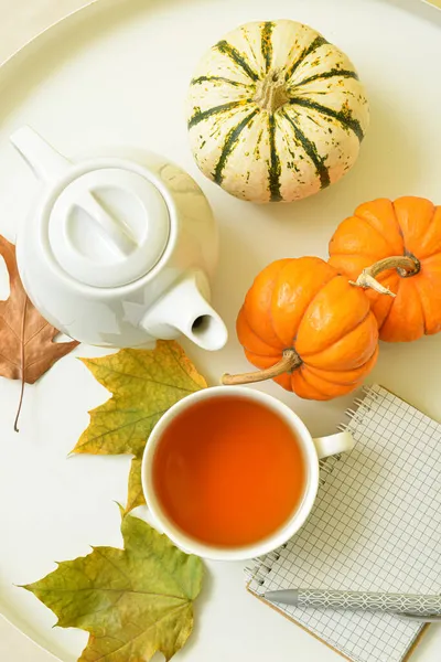 Tea Pot Cup Hot Beverage Pumpkins Autumn Leaves Table — Stock Photo, Image