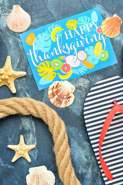 Rope Seashells Flip Flops Paper Card Text Happy Thanksgiving Color — Stock Photo, Image
