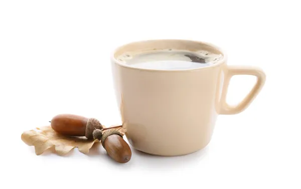 Cup Coffee Acorns White Background — Stock Photo, Image