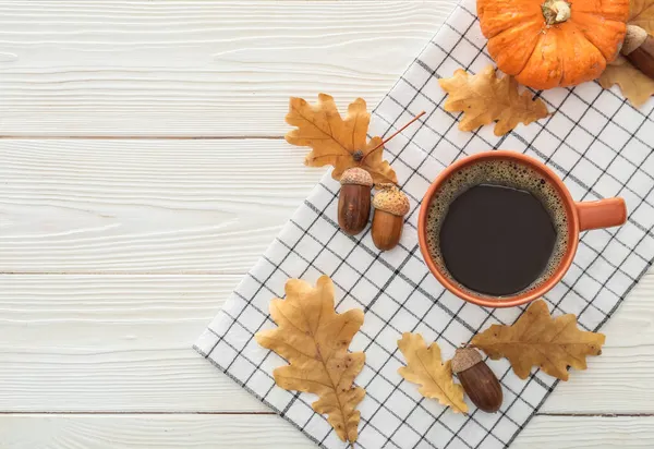 Cup Coffee Acorns Autumn Leaves Pumpkin Light Wooden Background — Stock Photo, Image