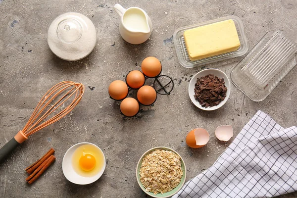 Ingredients Preparing Homemade Cookies Grey Background — Stock Photo, Image